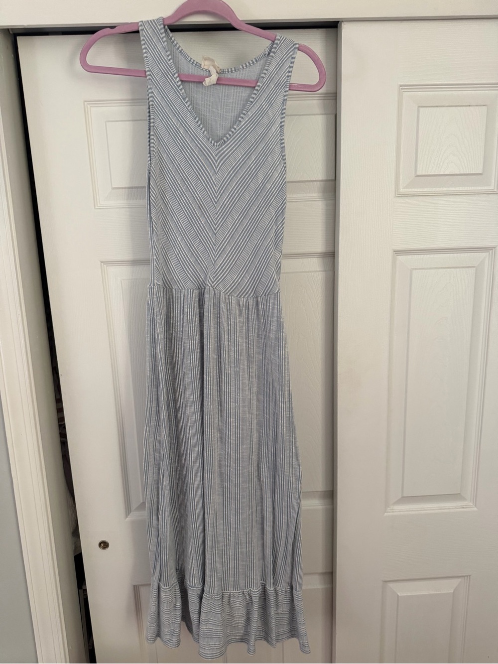 Striped V-Neck Midi Dress in Light Blue